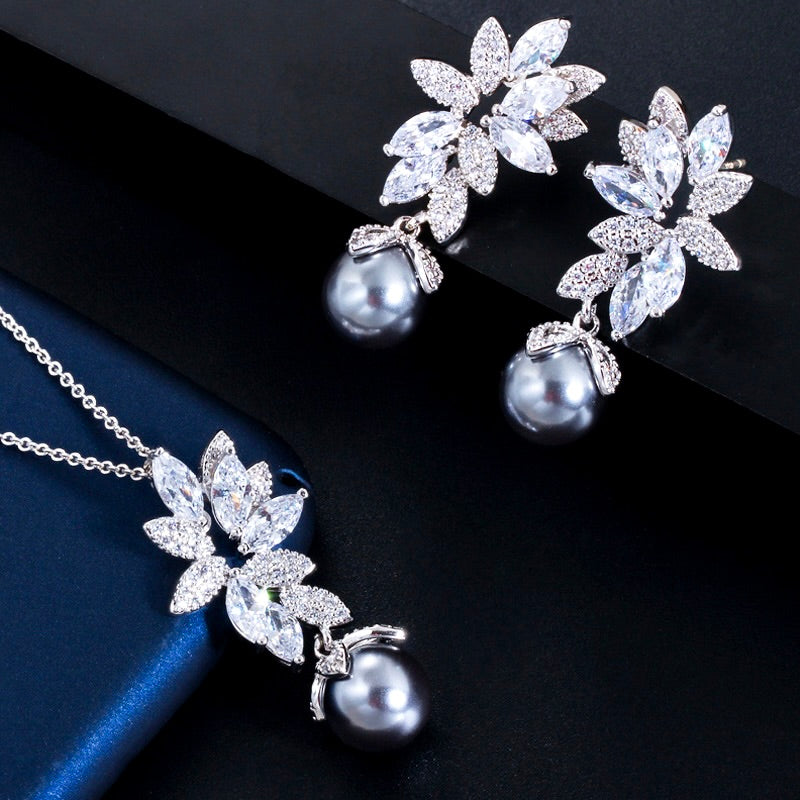 Ida - Gray Pearl and Cubic Zirconia Bridal Jewelry Set