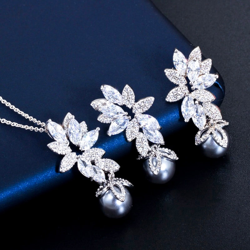 Ida - Gray Pearl and Cubic Zirconia Bridal Jewelry Set