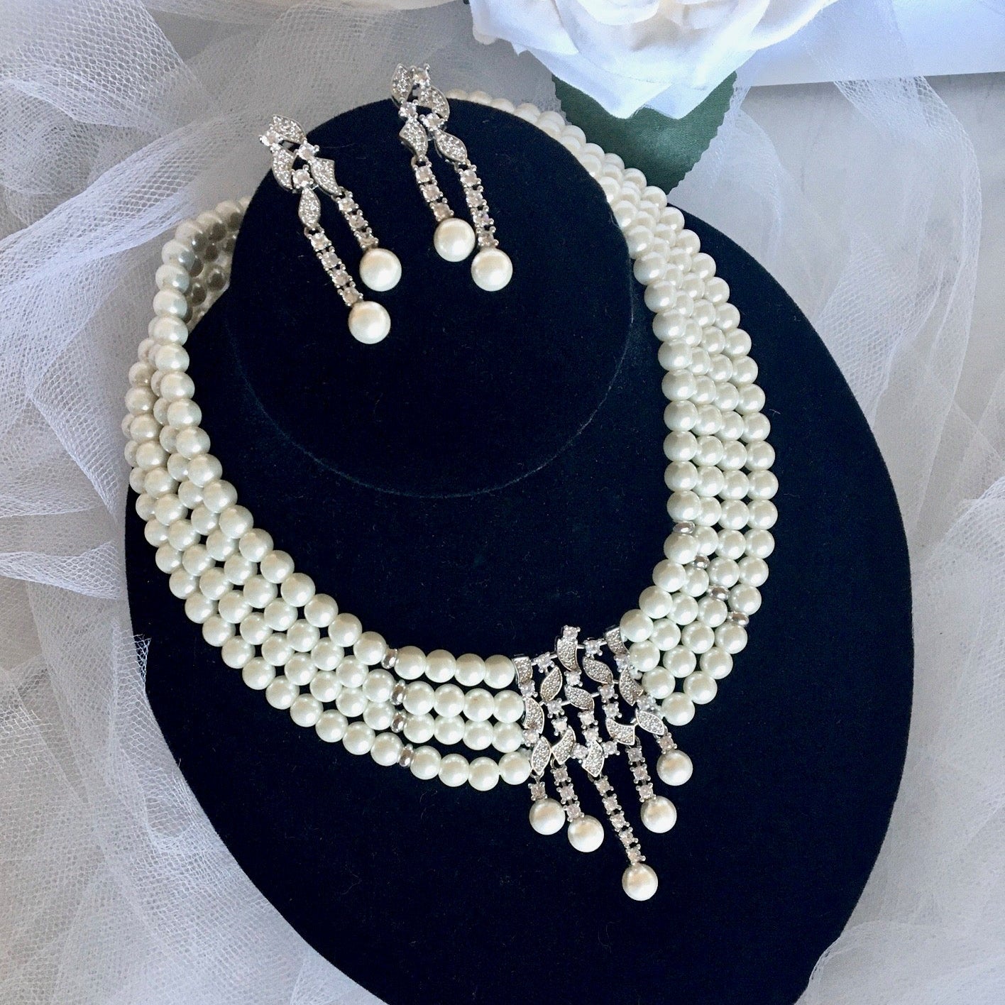 Giovanna - Pearl and Cubic Zirconia Bridal Jewelry Set