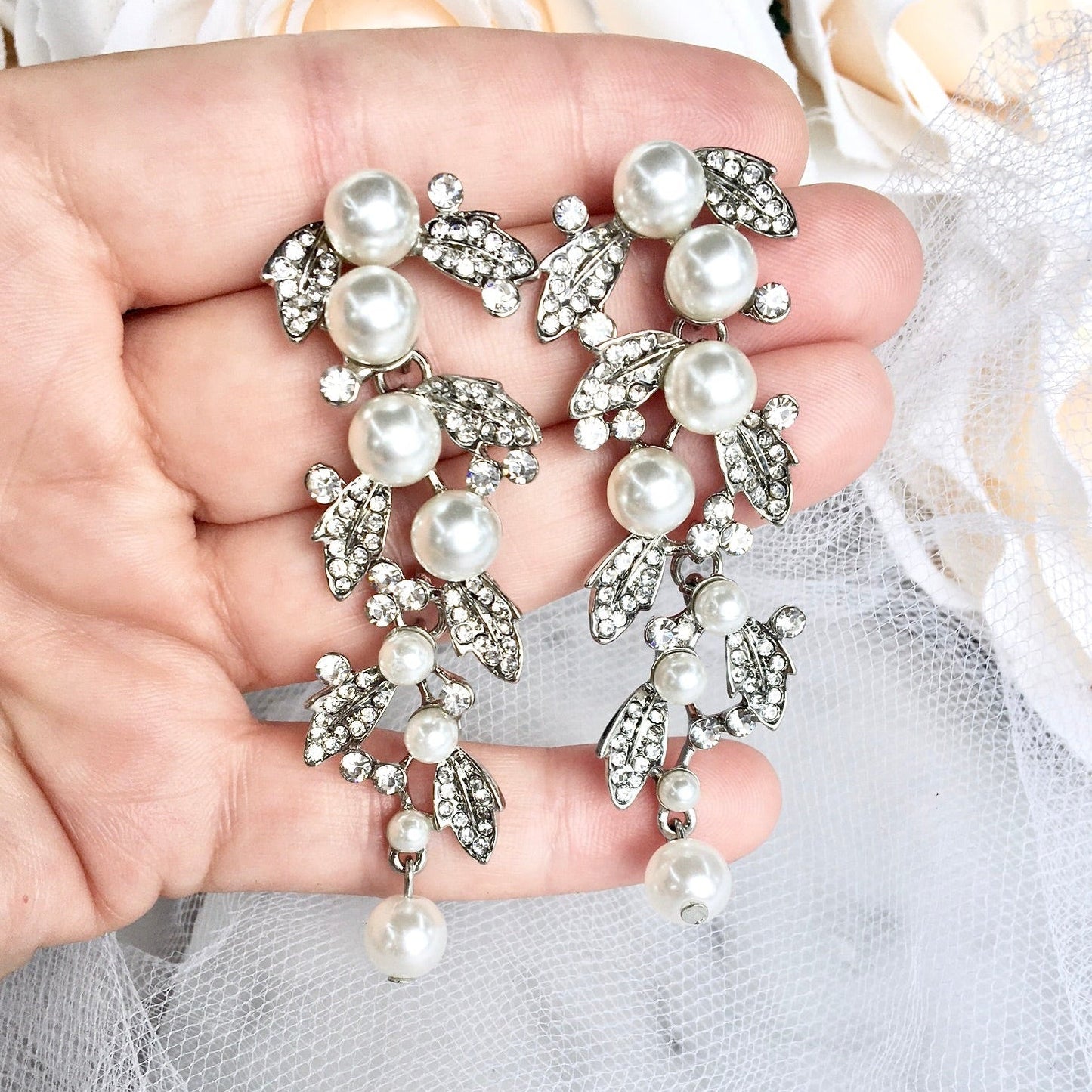 Sidra - Pearl and Rhinestone Bridal Earrings