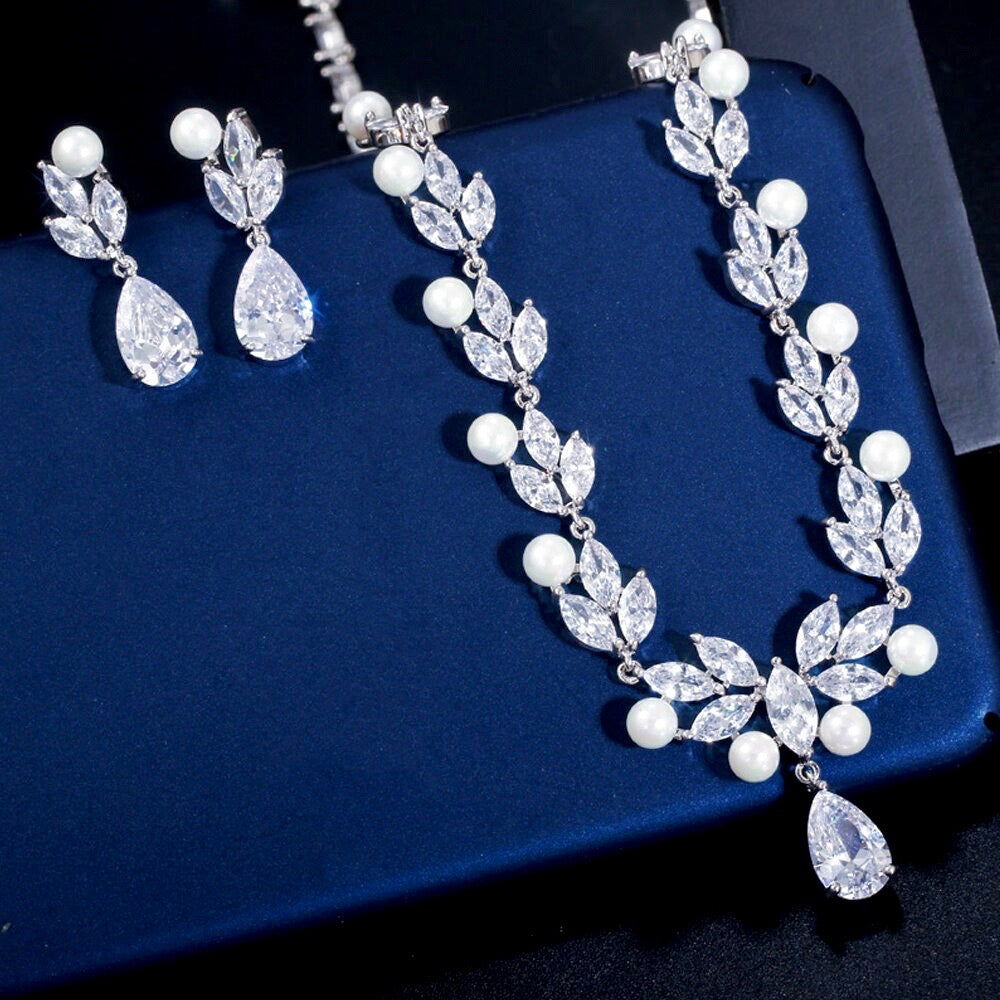Tamron - Pearl and Cubic Zirconia Bridal Necklace and Earrings Set