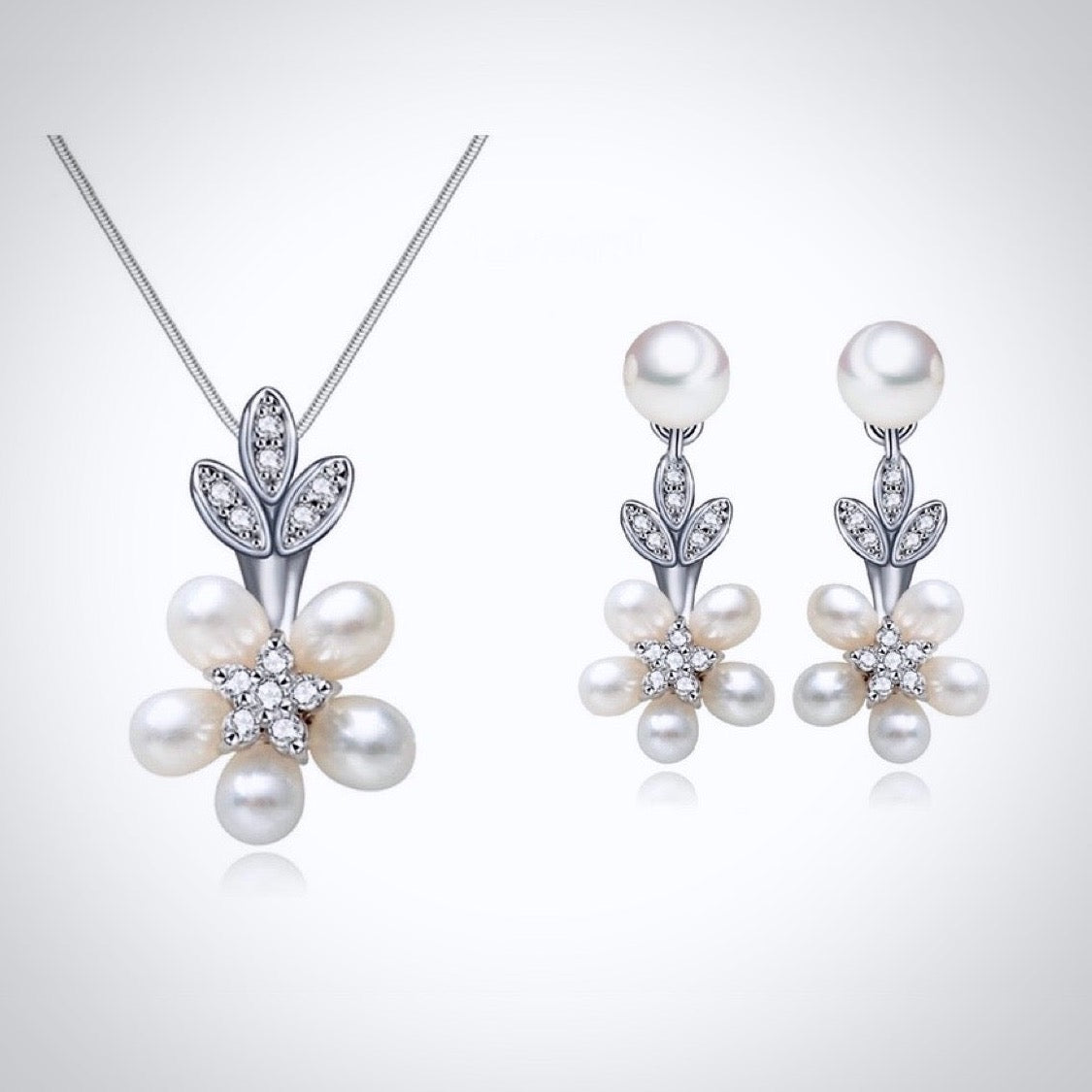 "Liv" - Pearl and Cubic Zirconia Bridal Necklace and Earrings Set