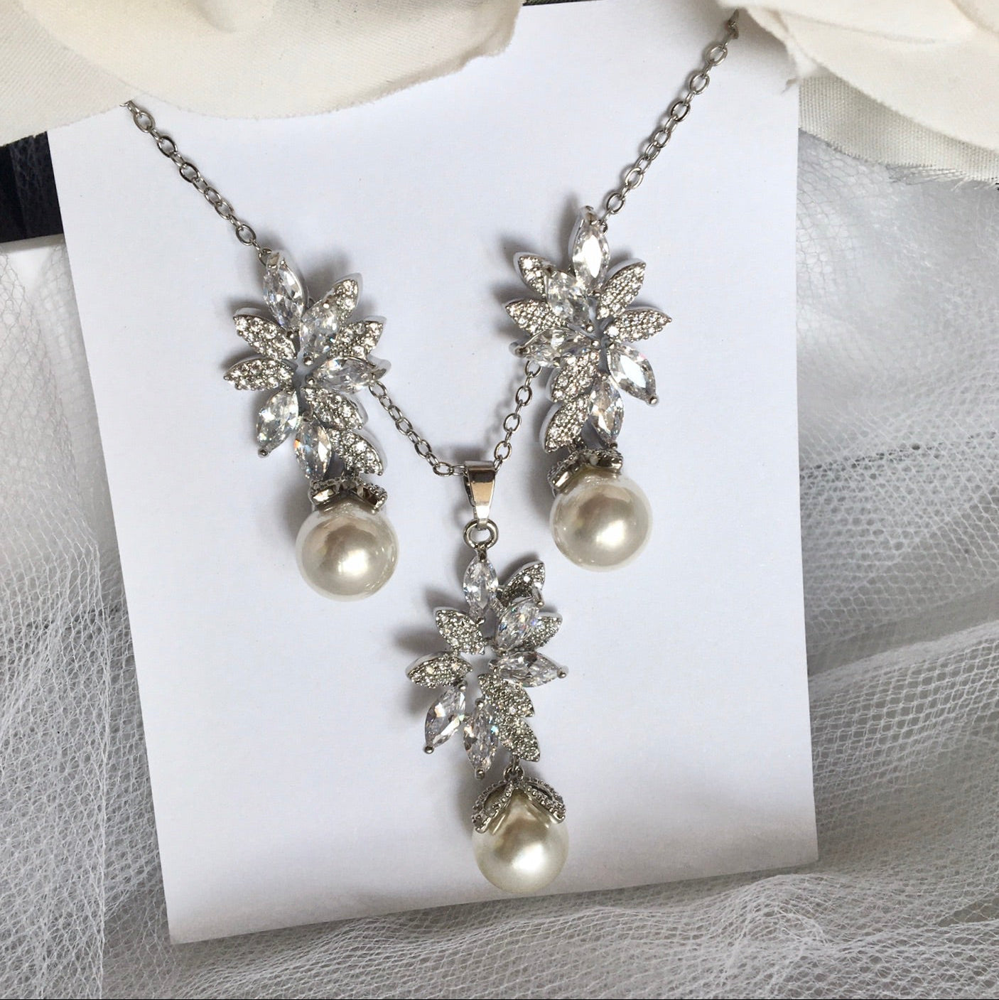 Ida - Pearl and Cubic Zirconia Bridal Jewelry Set
