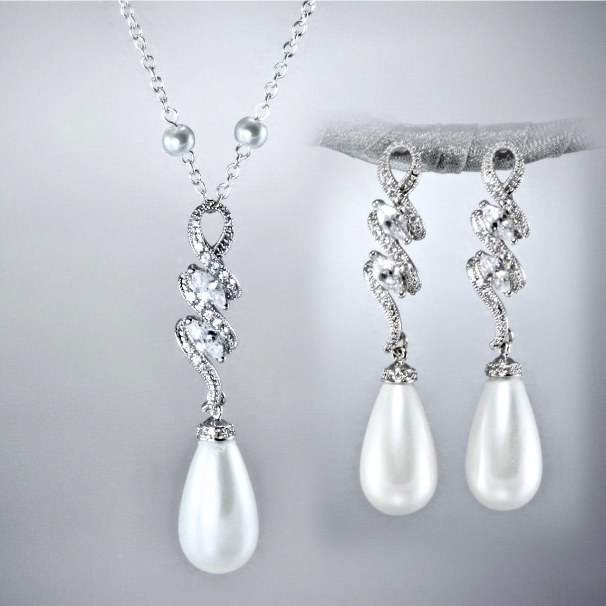 Vanessa - Pearl and Cubic Zirconia Bridal Earrings
