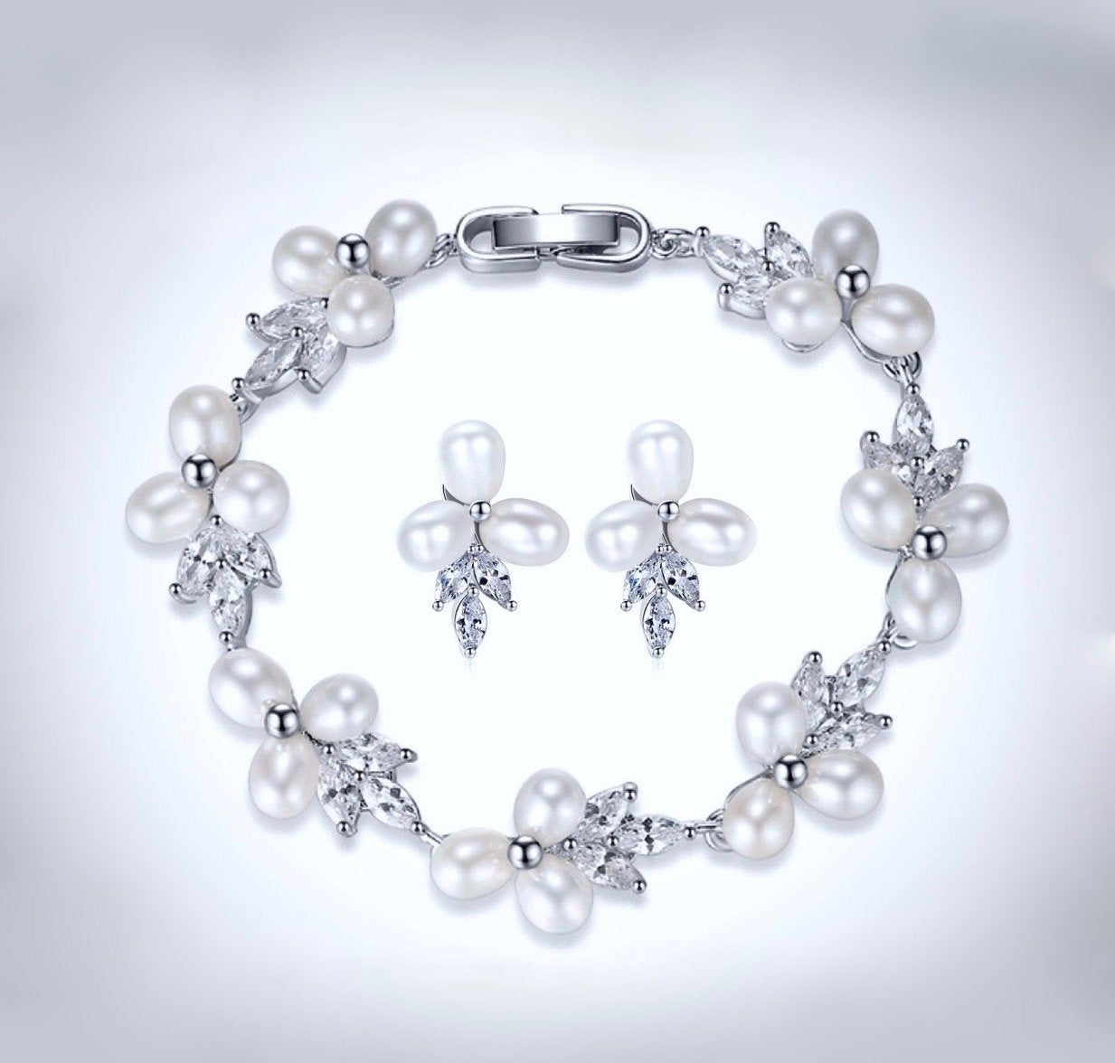 "Lena" - Freshwater Pearl and Cubic Zirconia Bridal Bracelet
