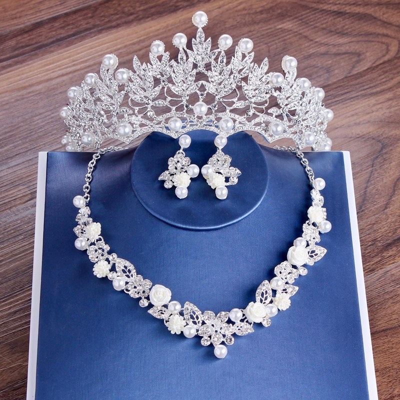 "Tosca" - Pearl and Crystal 3-Piece Bridal Jewelry Set With Tiara