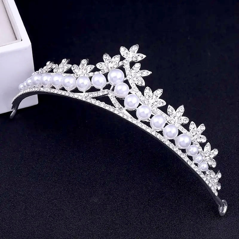 Annie - Silver Crystal and Pearl 3-Piece Bridal Jewelry Set With Half Tiara