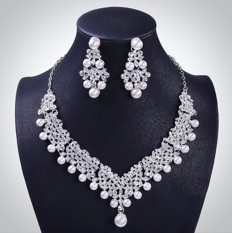 Annie - Silver Crystal and Pearl 3-Piece Bridal Jewelry Set With Half Tiara
