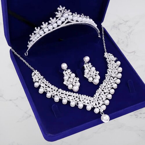 Annie - Silver Crystal and Pearl 3-Piece Bridal Jewelry Set With Half Tiara