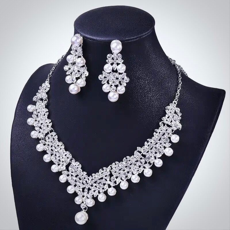Annie - Silver Crystal and Pearl 3-Piece Bridal Jewelry Set With Half Tiara