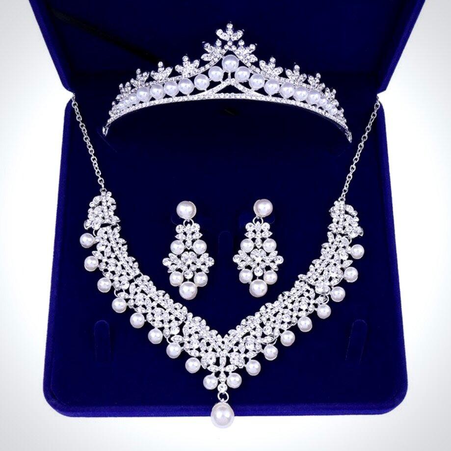 Annie - Silver Crystal and Pearl 3-Piece Bridal Jewelry Set With Half Tiara