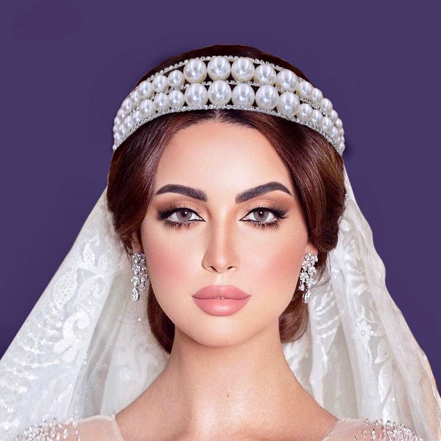 Barcelona - Oversized Double Pearl Bridal Headband / Tiara - Available in Silver and Gold