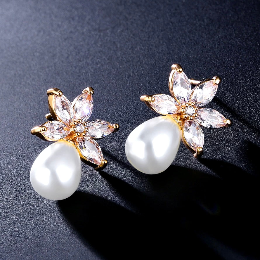 Darlene - Pearl and Cubic Zirconia Bridal Earrings - Available in Silver and Rose Gold