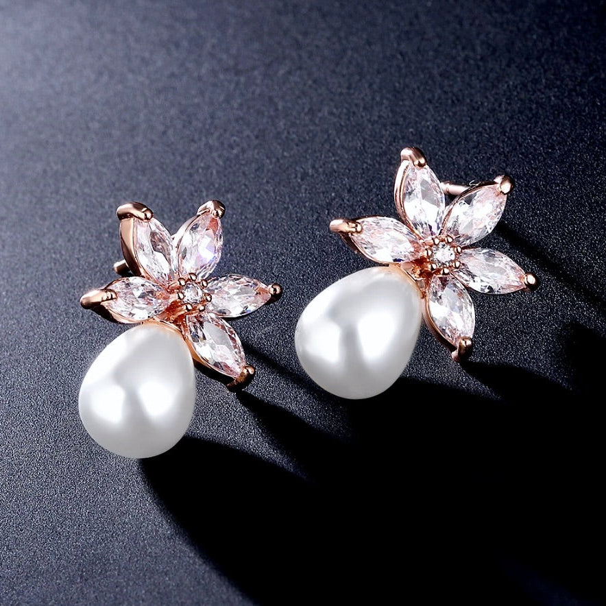 Darlene - Pearl and Cubic Zirconia Bridal Earrings - Available in Silver and Rose Gold