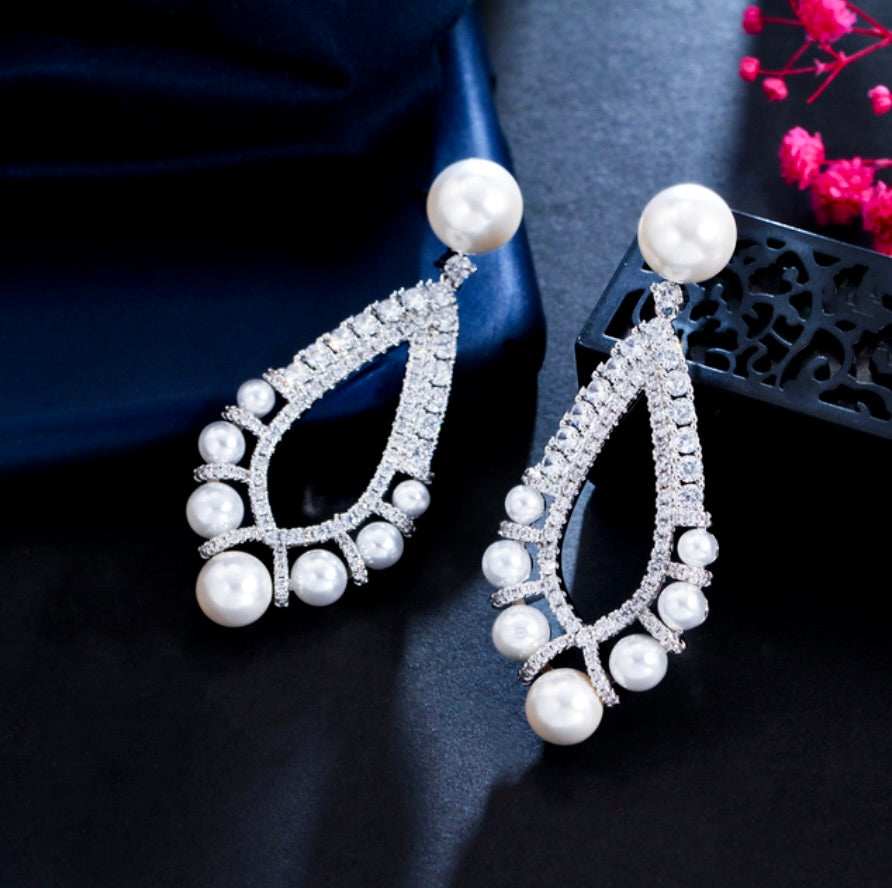 Kayana - Pearl and Cubic Zirconia Bridal Earrings
