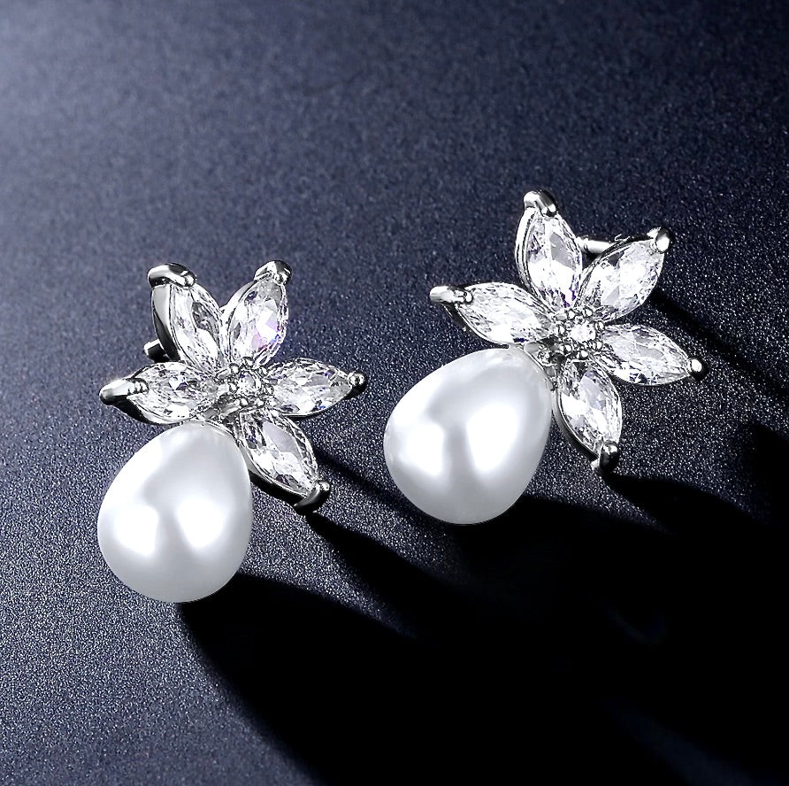 Darlene - Pearl and Cubic Zirconia Bridal Earrings - Available in Silver and Rose Gold