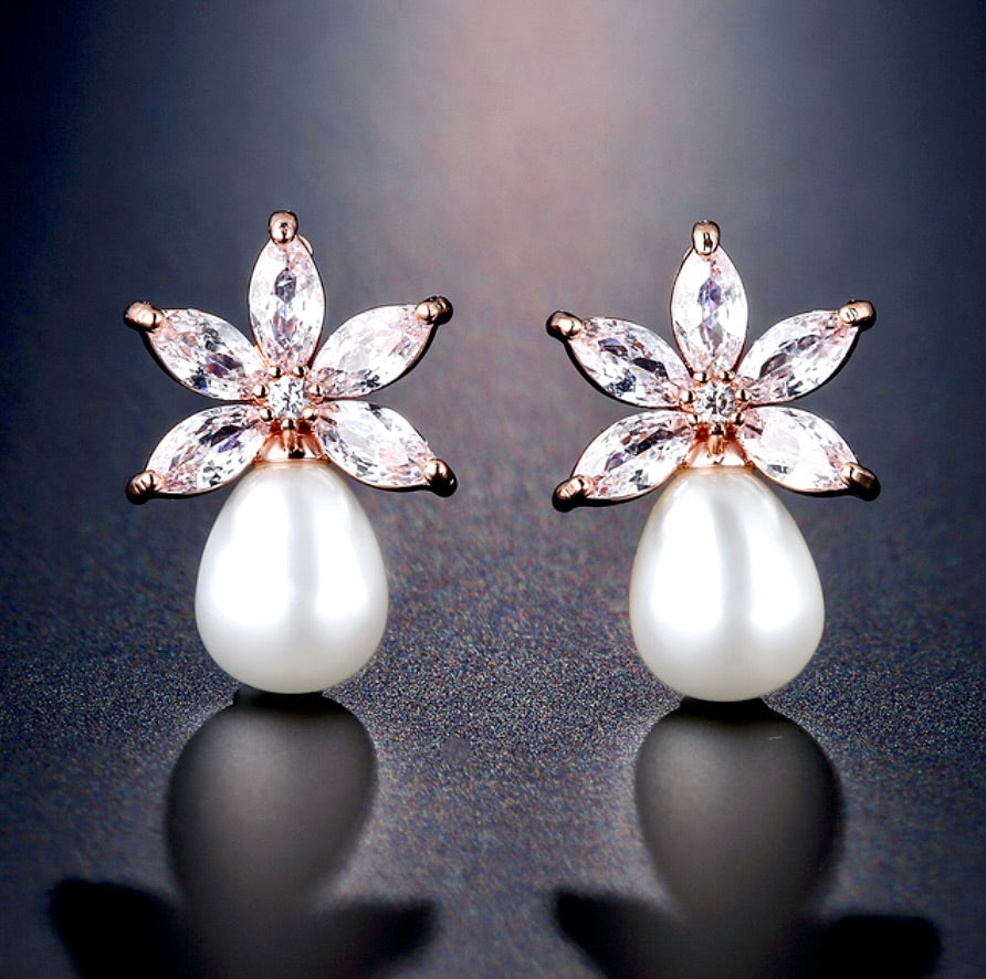 Darlene - Pearl and Cubic Zirconia Bridal Earrings - Available in Silver and Rose Gold