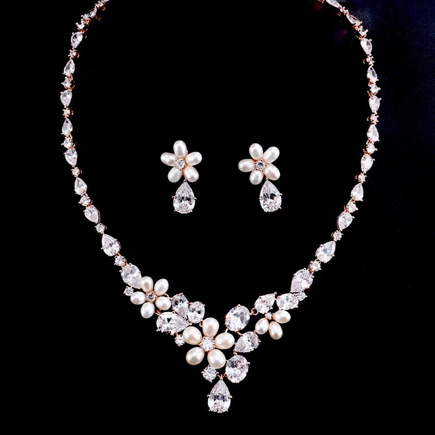 Eloise - Freshwater Pearl and Cubic Zirconia Bridal Jewelry Set - Available in Silver and Rose Gold