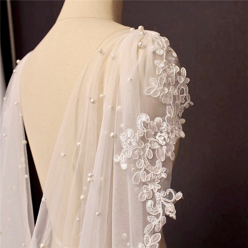 Fiona - Wedding Pearl Cape Veil - Cathedral Length