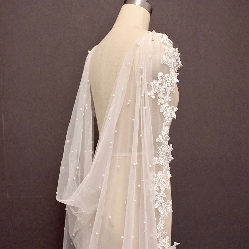 Fiona - Wedding Pearl Cape Veil - Cathedral Length