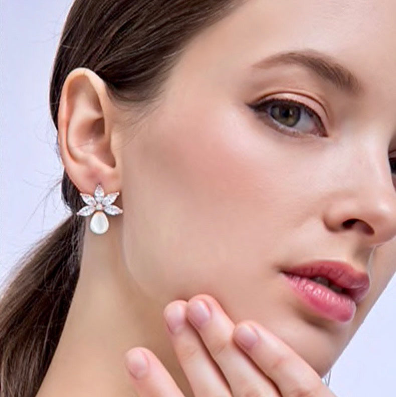 Darlene - Pearl and Cubic Zirconia Bridal Earrings - Available in Silver and Rose Gold
