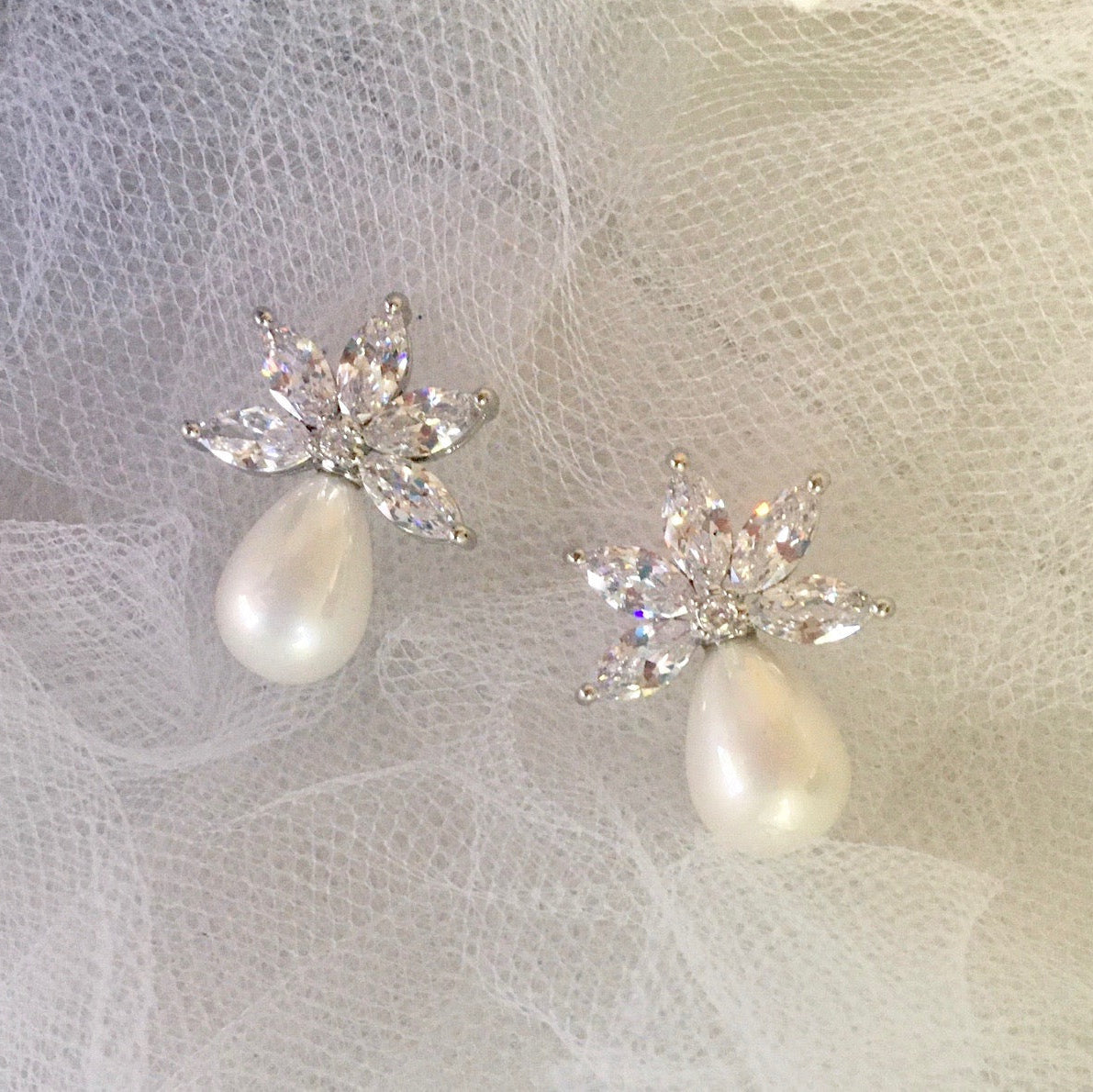 Darlene - Pearl and Cubic Zirconia Bridal Earrings - Available in Silver and Rose Gold