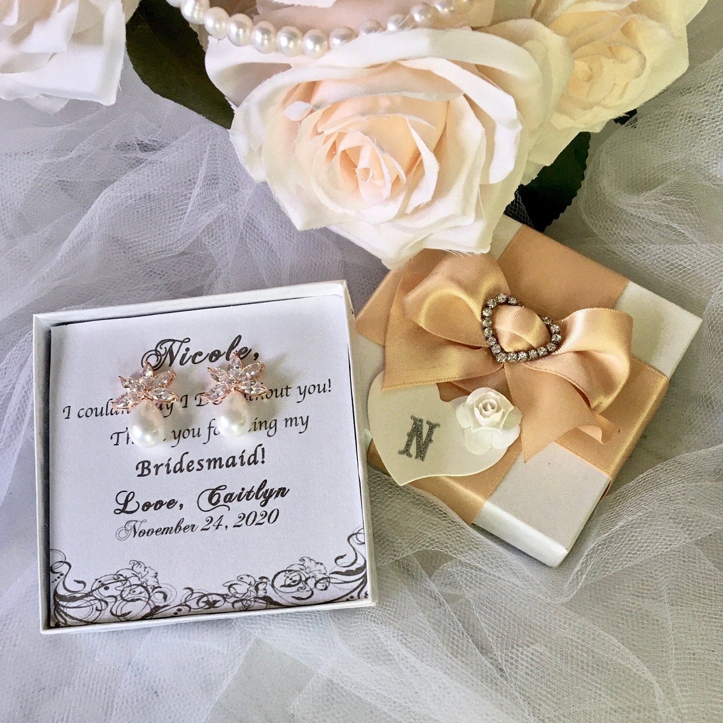 Darlene - Pearl and Cubic Zirconia Bridal Earrings - Available in Silver and Rose Gold