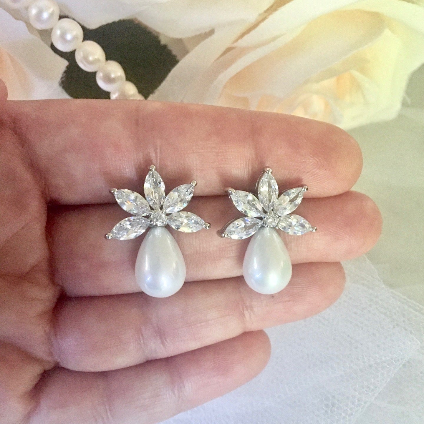 Darlene - Pearl and Cubic Zirconia Bridal Earrings - Available in Silver and Rose Gold