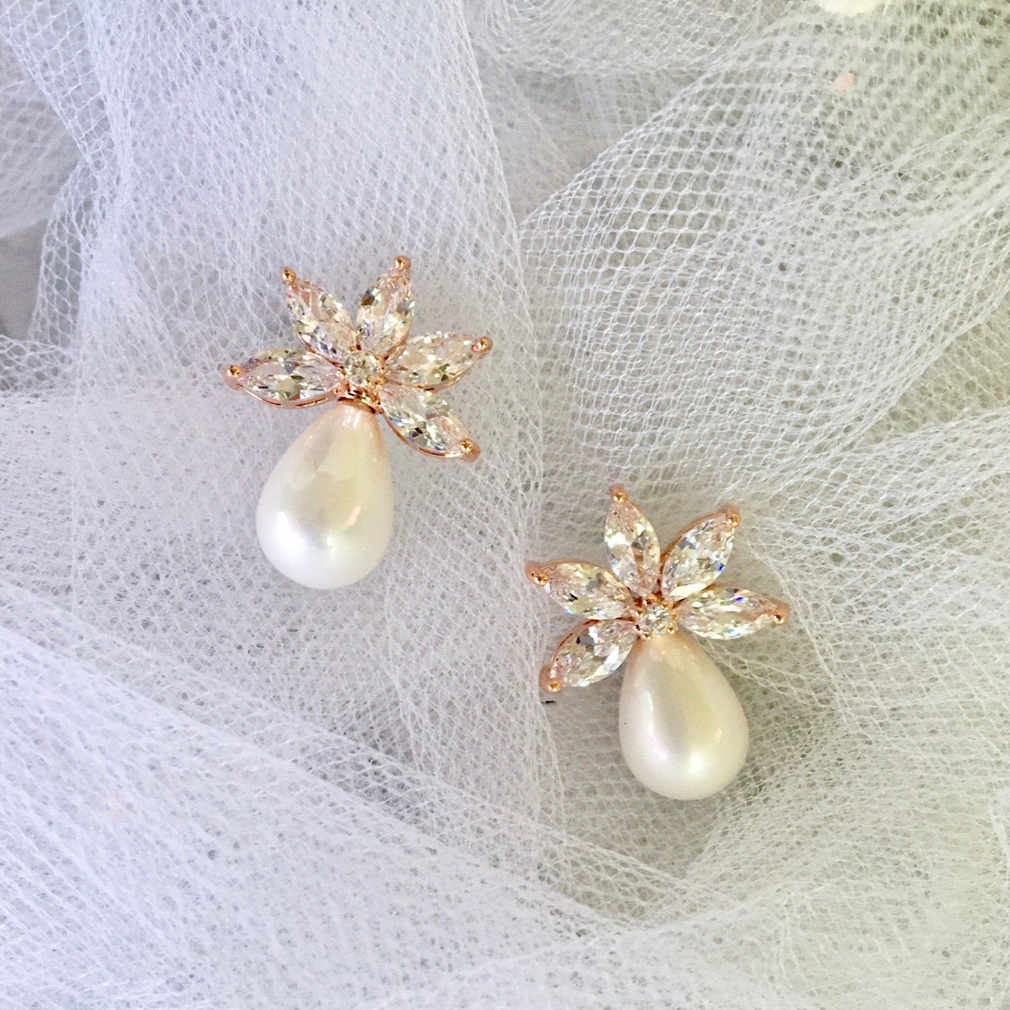 Darlene - Pearl and Cubic Zirconia Bridal Earrings - Available in Silver and Rose Gold