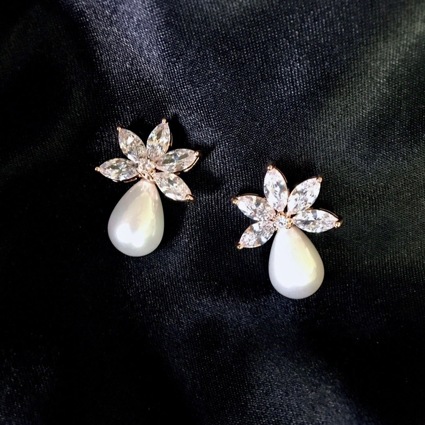 Darlene - Pearl and Cubic Zirconia Bridal Earrings - Available in Silver and Rose Gold