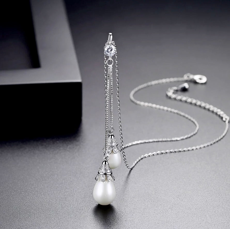 "Nevaeh" - Pearl Bridal Double Drop Lariat Necklace