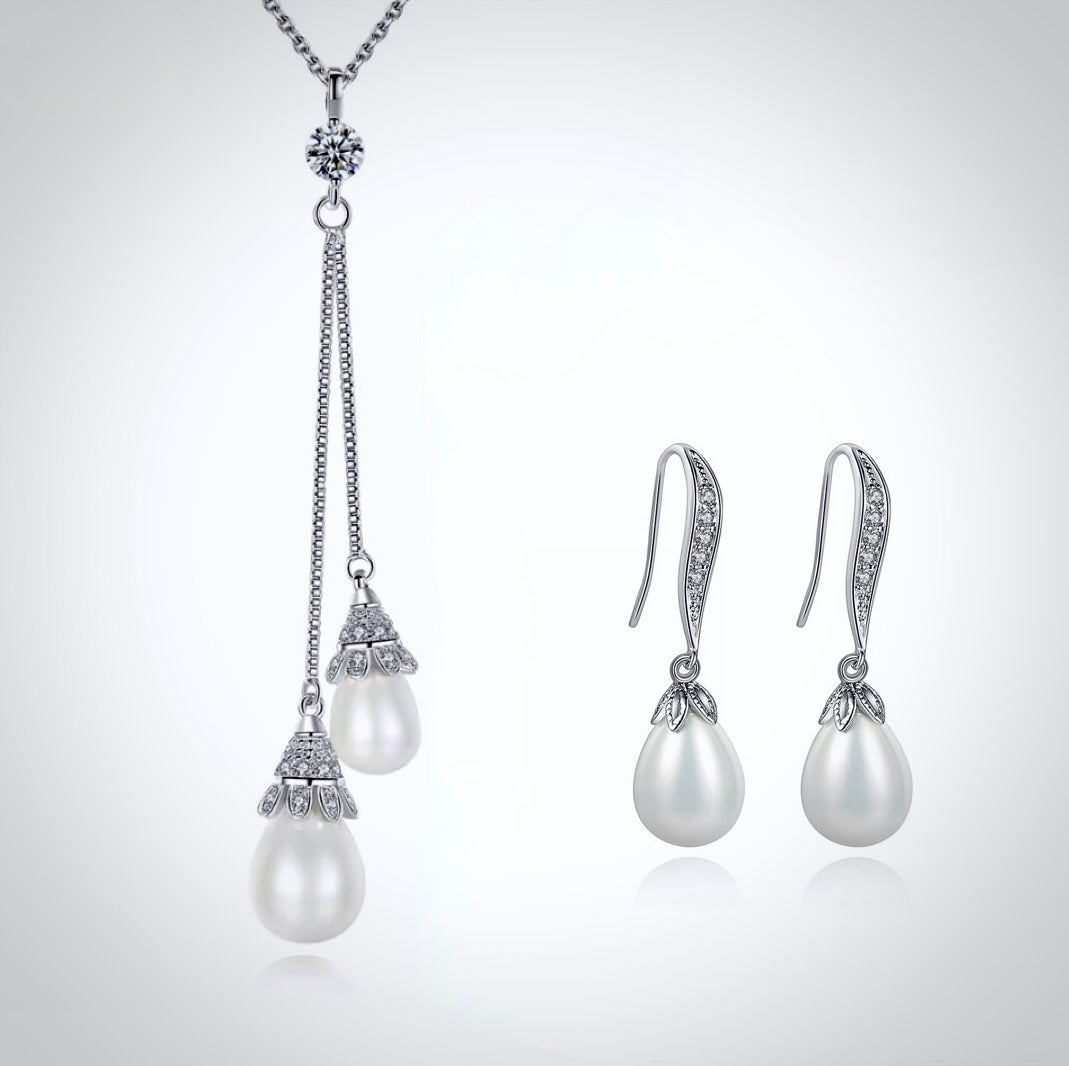 "Nevaeh" - Pearl Bridal Double Drop Lariat Necklace
