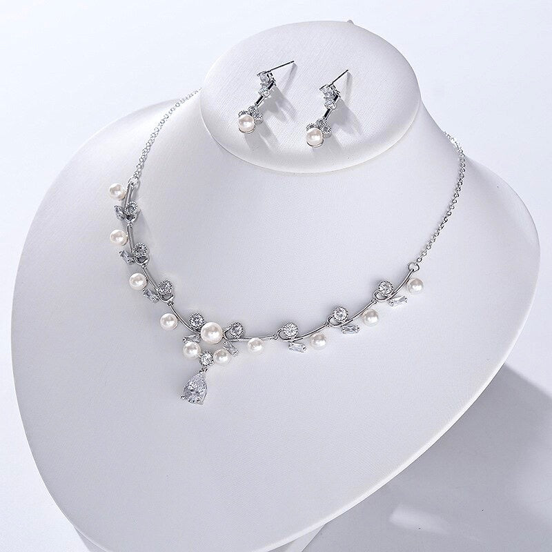 Isla - Silver Pearl and Cubic Zirconia Bridal Jewelry Set