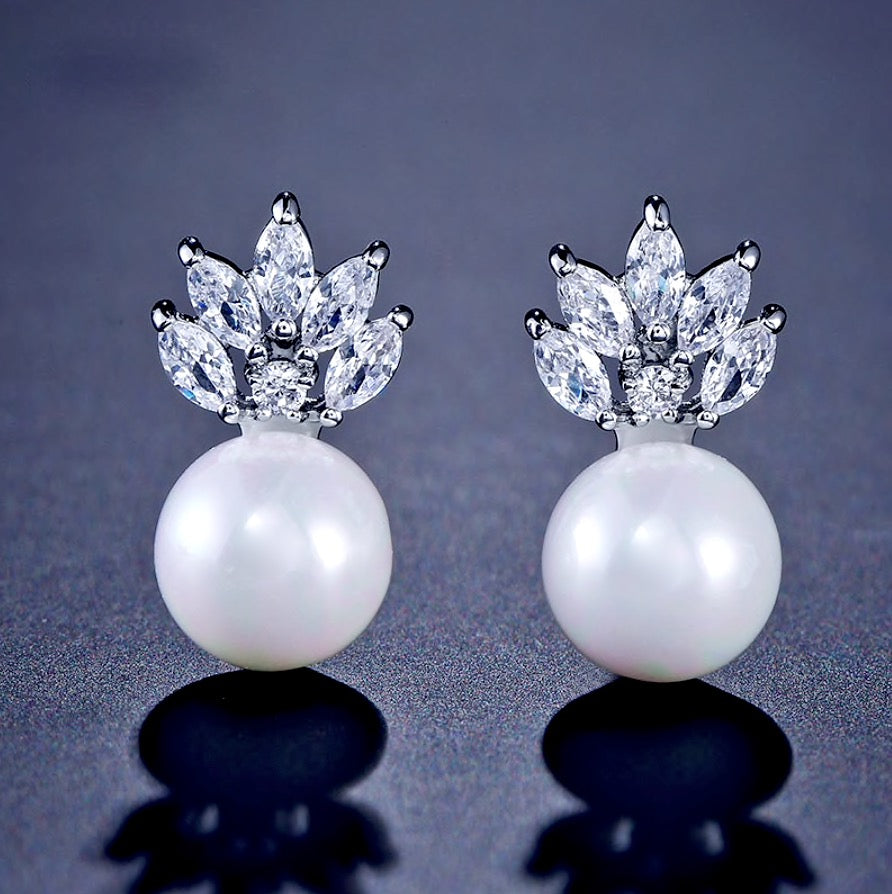 Catherine - Pearl and Cubic Zirconia Bridal Earrings