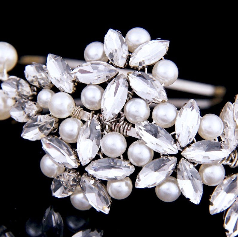 Cornelia - Silver Pearl and Crystal Bridal Side-Headband