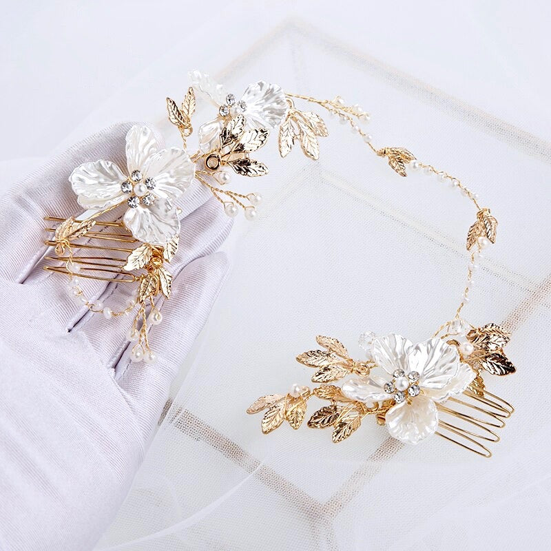 Kathia - Gold Pearl and Crystal Bridal Headband