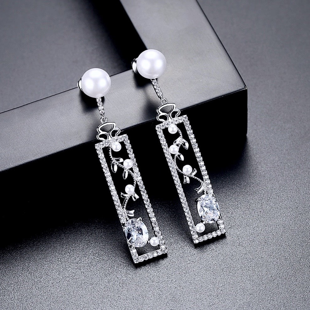 Trina - Pearl and Cubic Zirconia Bridal Earrings