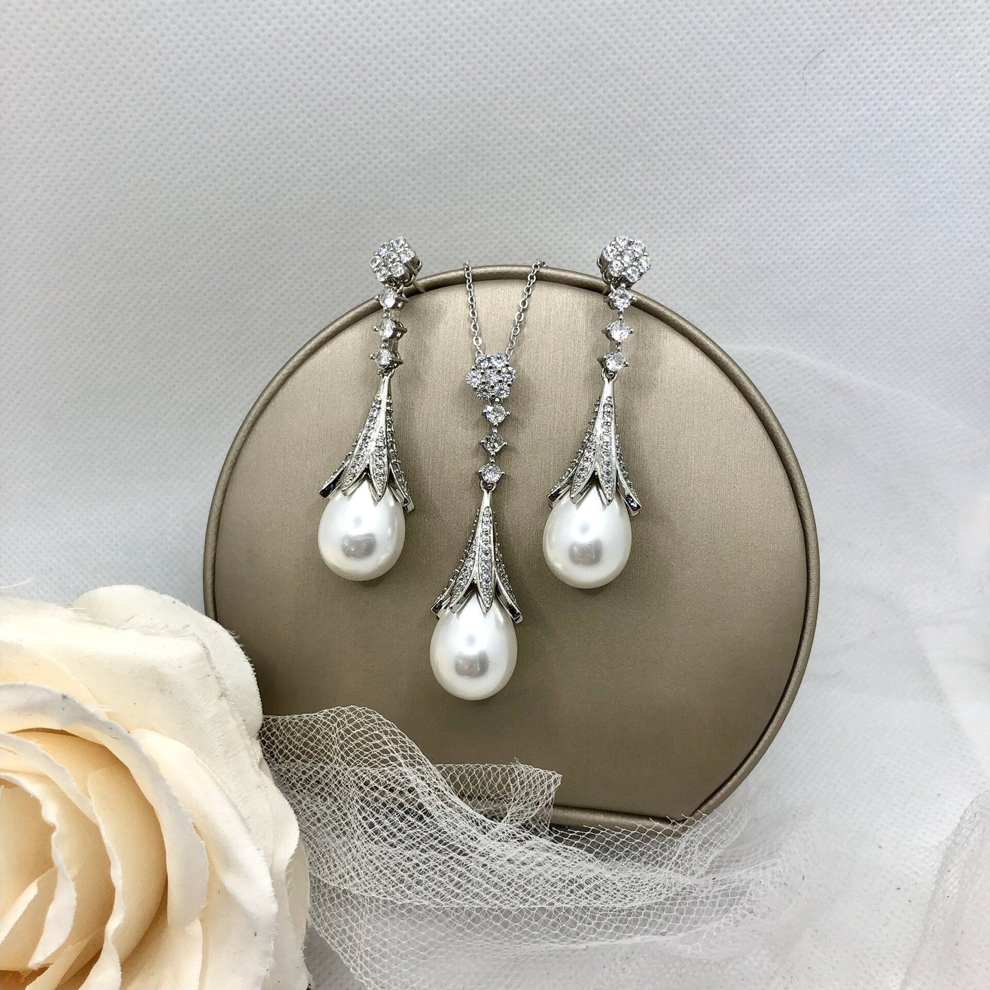 Anjou - Pearl and Cubic Zirconia Bridal Jewelry Set