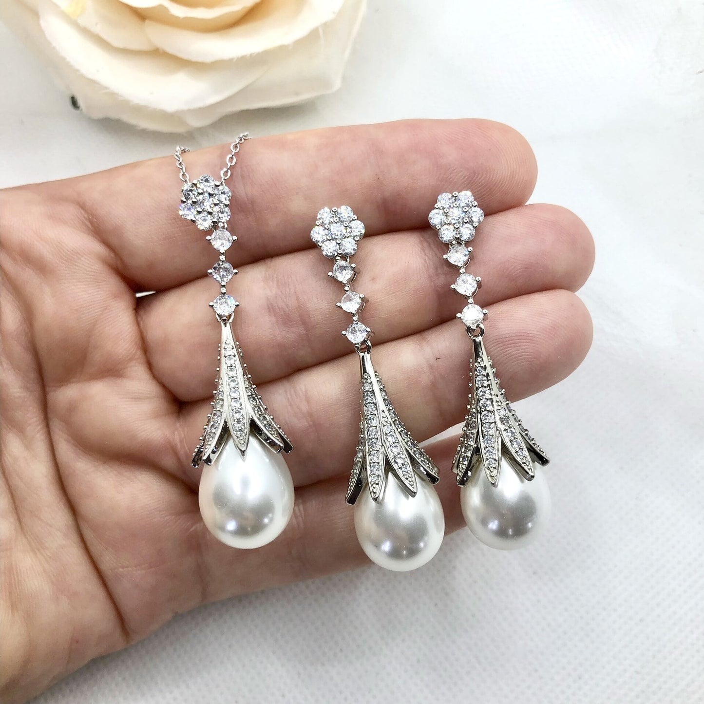 Anjou - Pearl and Cubic Zirconia Bridal Jewelry Set
