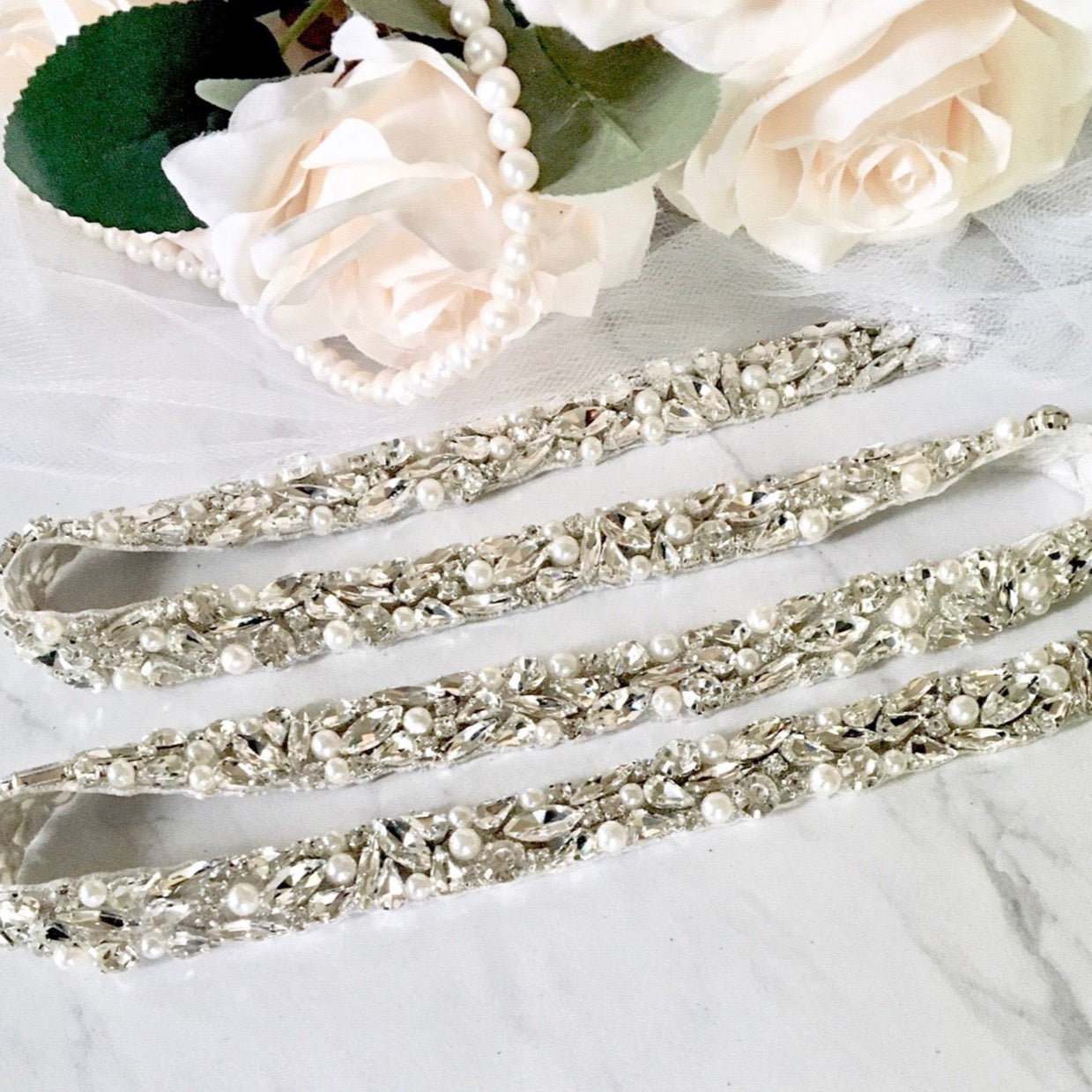 Jordan - Silver Pearl and Crystal Bridal Belt/Sash