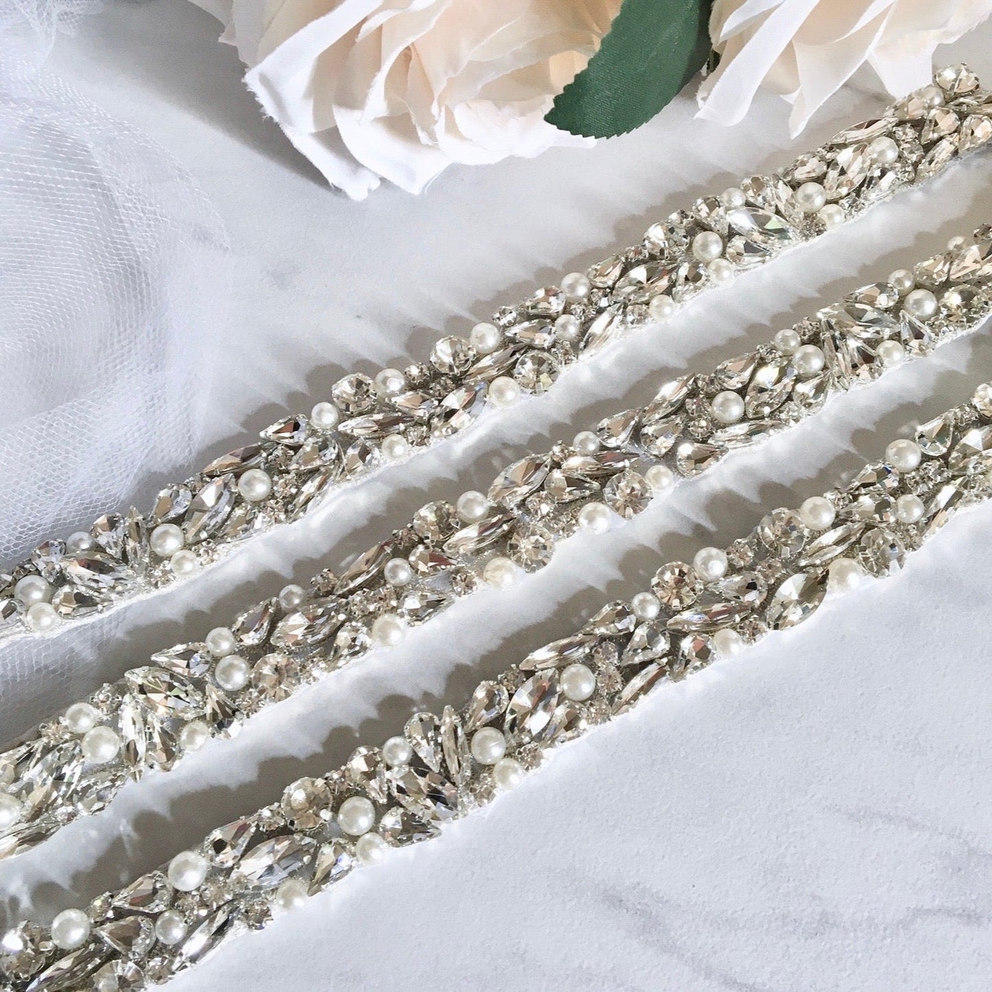 Jordan - Silver Pearl and Crystal Bridal Belt/Sash