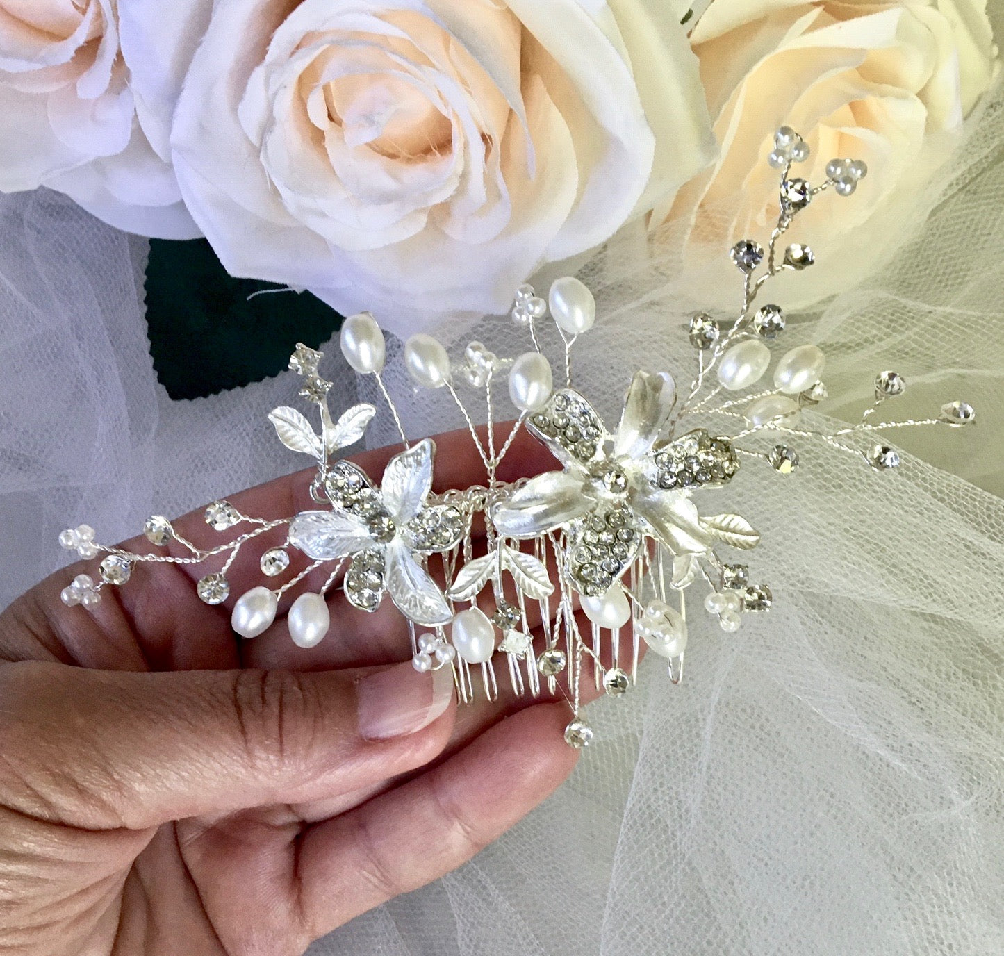 "Andrea" - Silver Pearl and Crystal Bridal Hair Comb