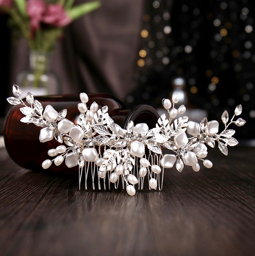 "Layla" - Silver Pearl and Crystal Bridal Hair Comb