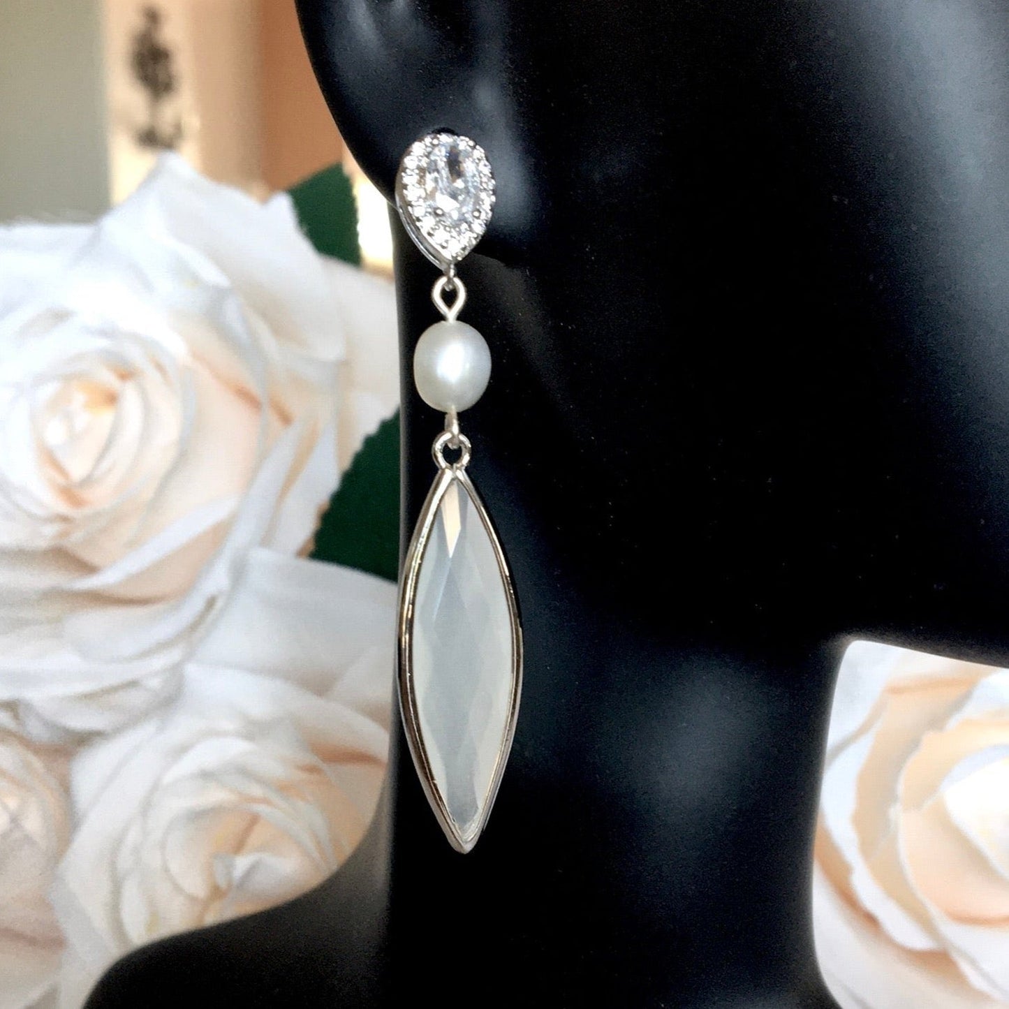 Lake - Natural Pearls and White Opal Bridal Earrings