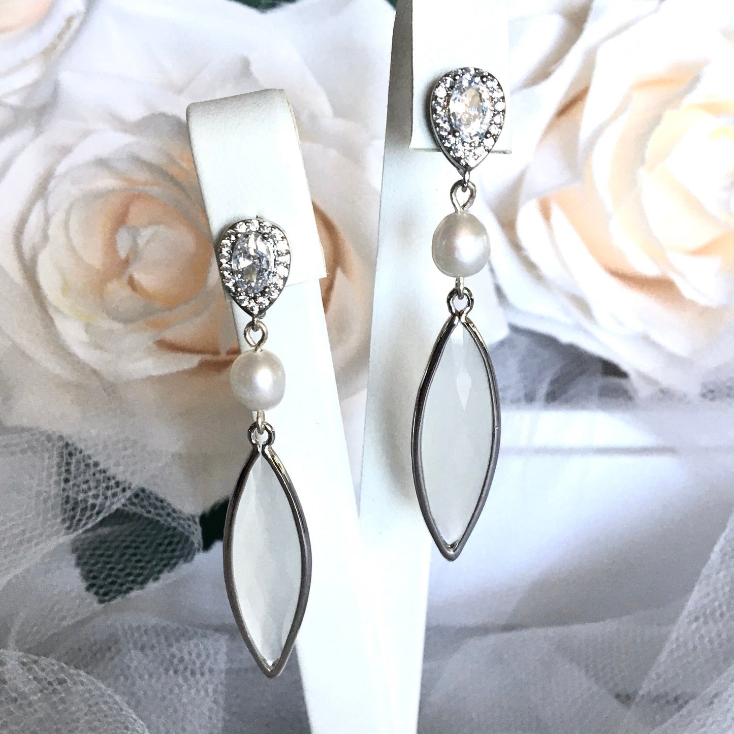 Lake - Natural Pearls and White Opal Bridal Earrings
