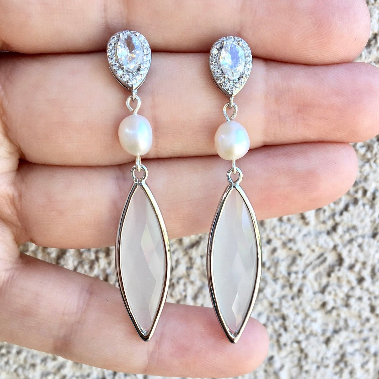 Lake - Natural Pearls and White Opal Bridal Earrings