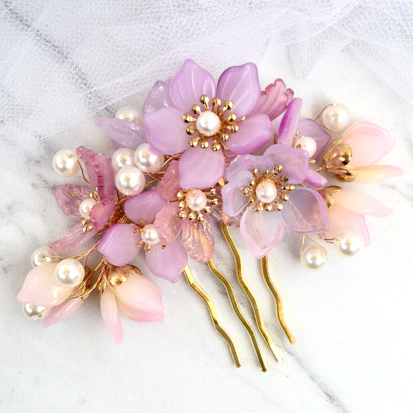 Amery - Pink Pearl and Glass Flowers Bridal Hair Comb