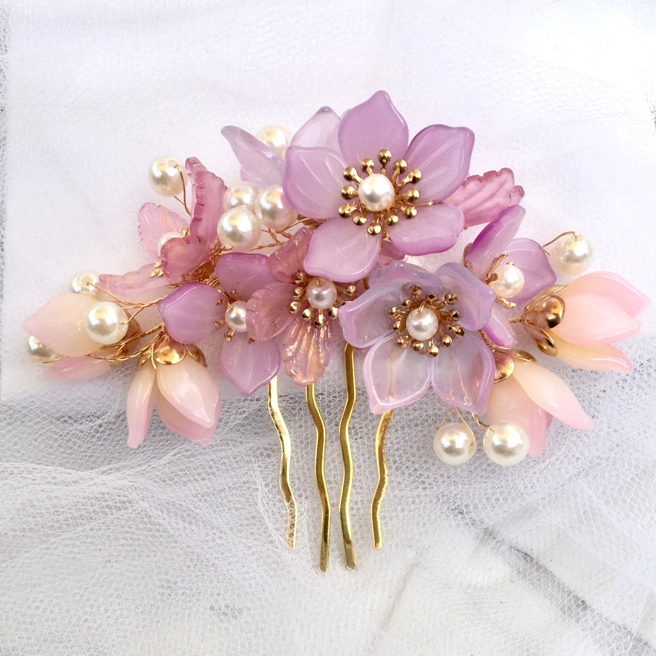 Amery - Pink Pearl and Glass Flowers Bridal Hair Comb