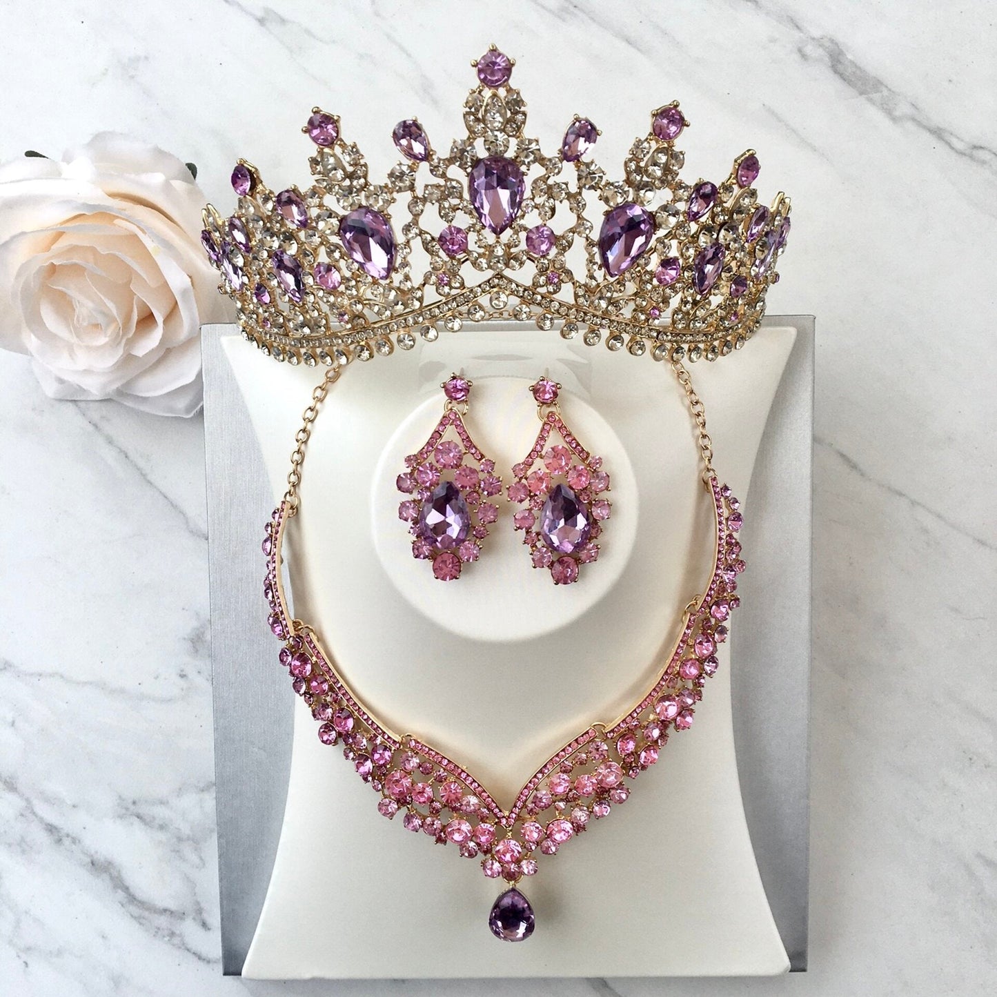 Kori - Purple Crystal 3-Piece Bridal Jewelry Set With Tiara - Available in Silver and Gold
