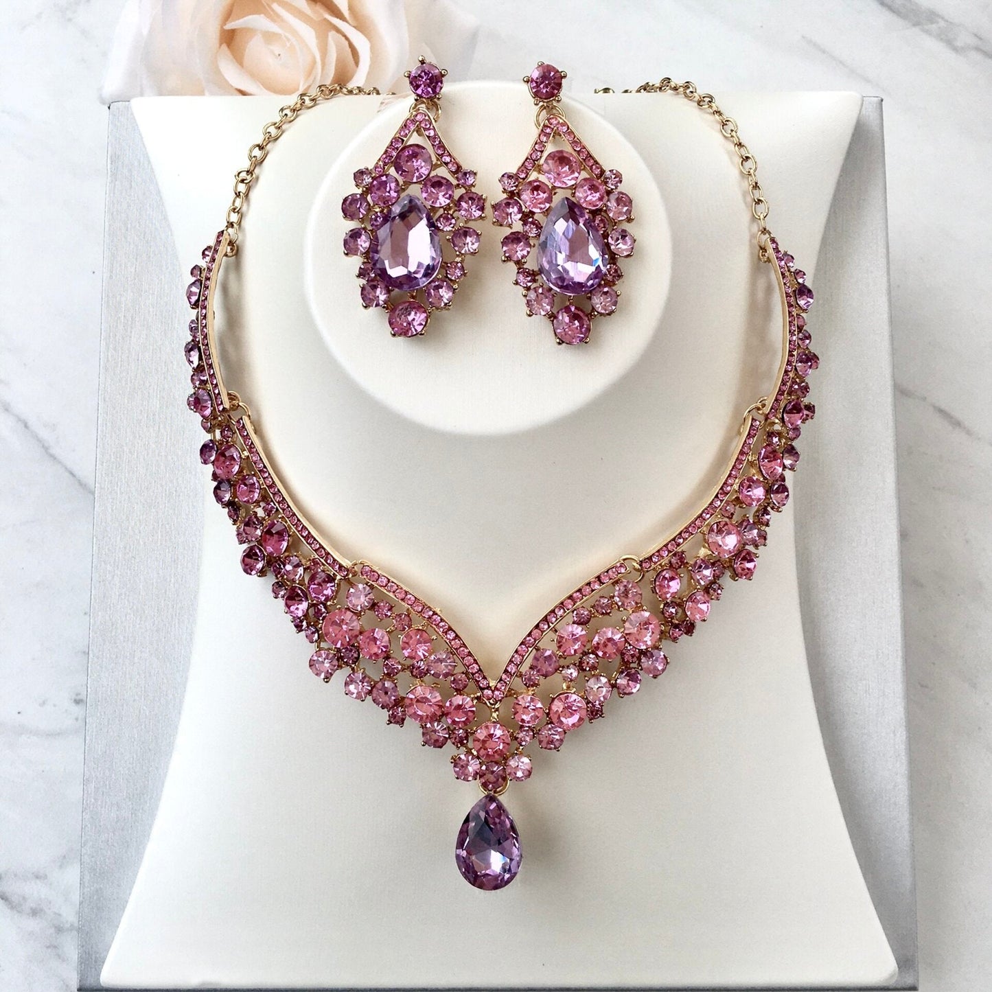 Kori - Purple Crystal 3-Piece Bridal Jewelry Set With Tiara - Available in Silver and Gold